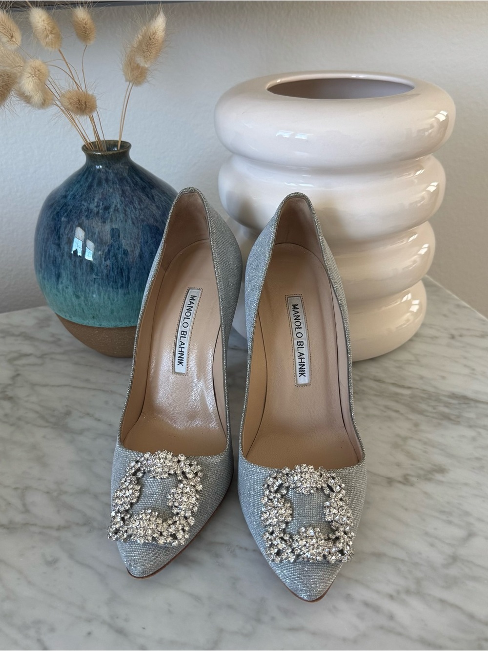 Manolo Blahnik Hangisi Silver Embellished Pointed-Toe Pumps